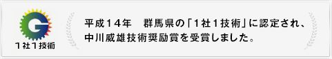 【1社1技術】平成14年 群馬県の「1社1技術」に認定され、中川威雄技術奨励賞を受賞しました。